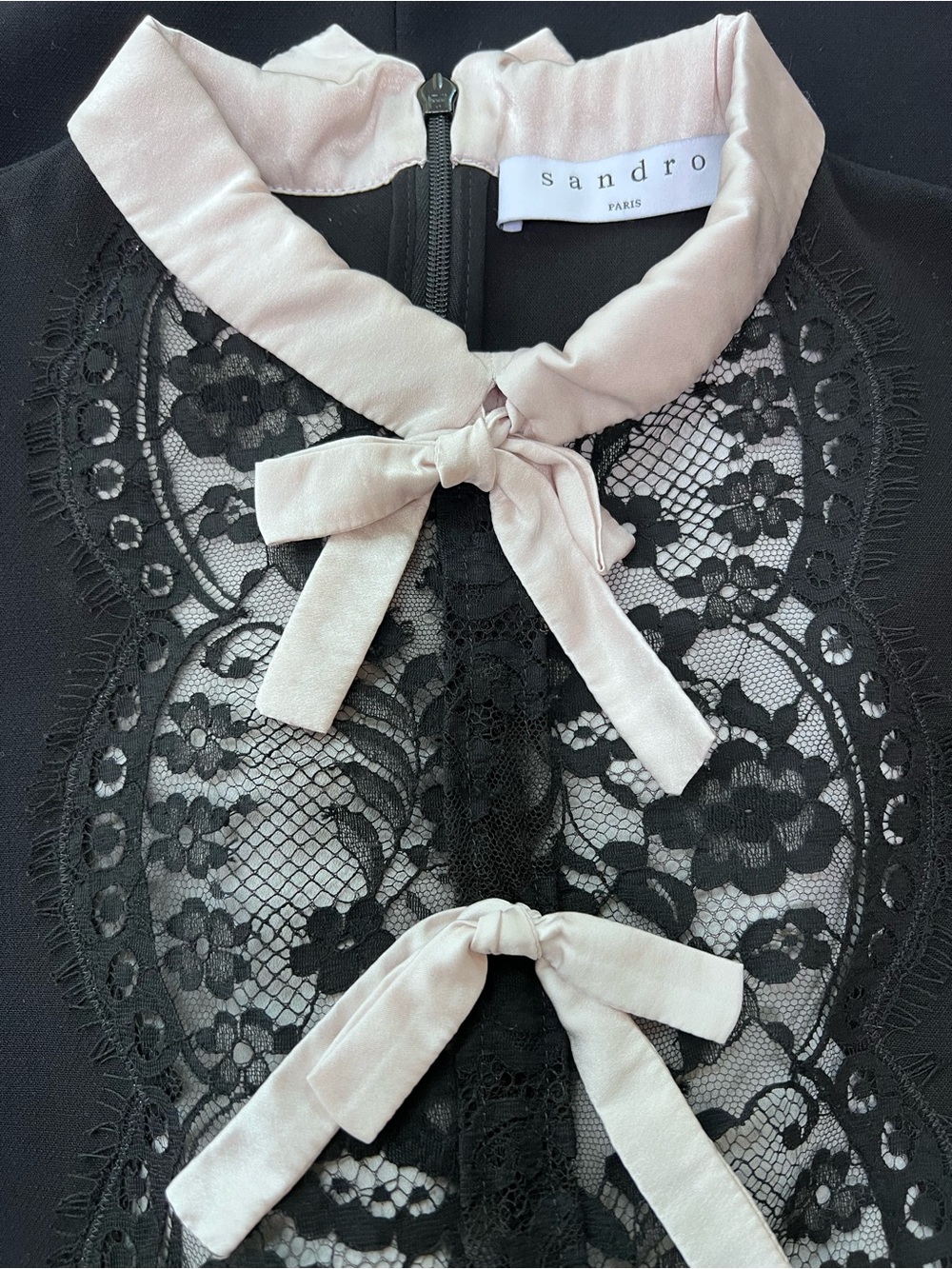 Sandro Black Long-Sleeve Mini Dress with Pale Pink Bows and Lace sz 2